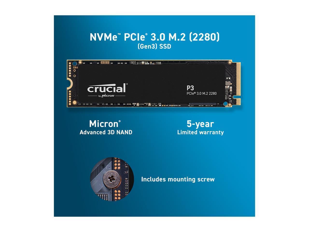 Crucial P3 500GB PCIe 3.0 3D NAND NVMe M.2 SSD, up to 3500MB/s