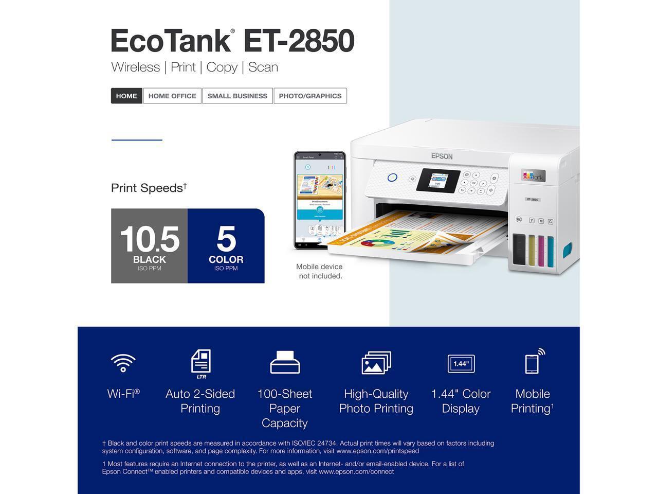 Epson EcoTank® ET-2850 White Wireless Color All-in-One Printer (C11CJ63202)Home