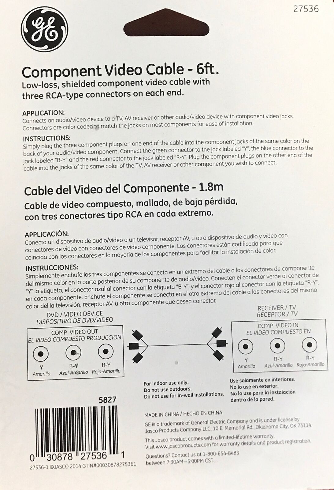 GE 6FT. Component Video Cable, RCA-Type Connectors, Shielded Black