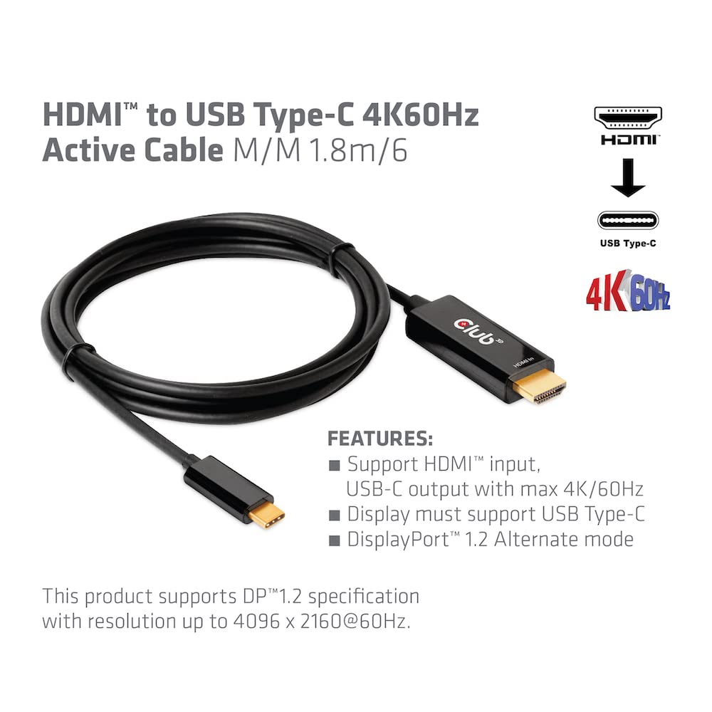 Club 3D HDMI to USB Type-C 4K60Hz Active Cable M/M 1.8m/6 ft - 6 ft HDMI/USB-C