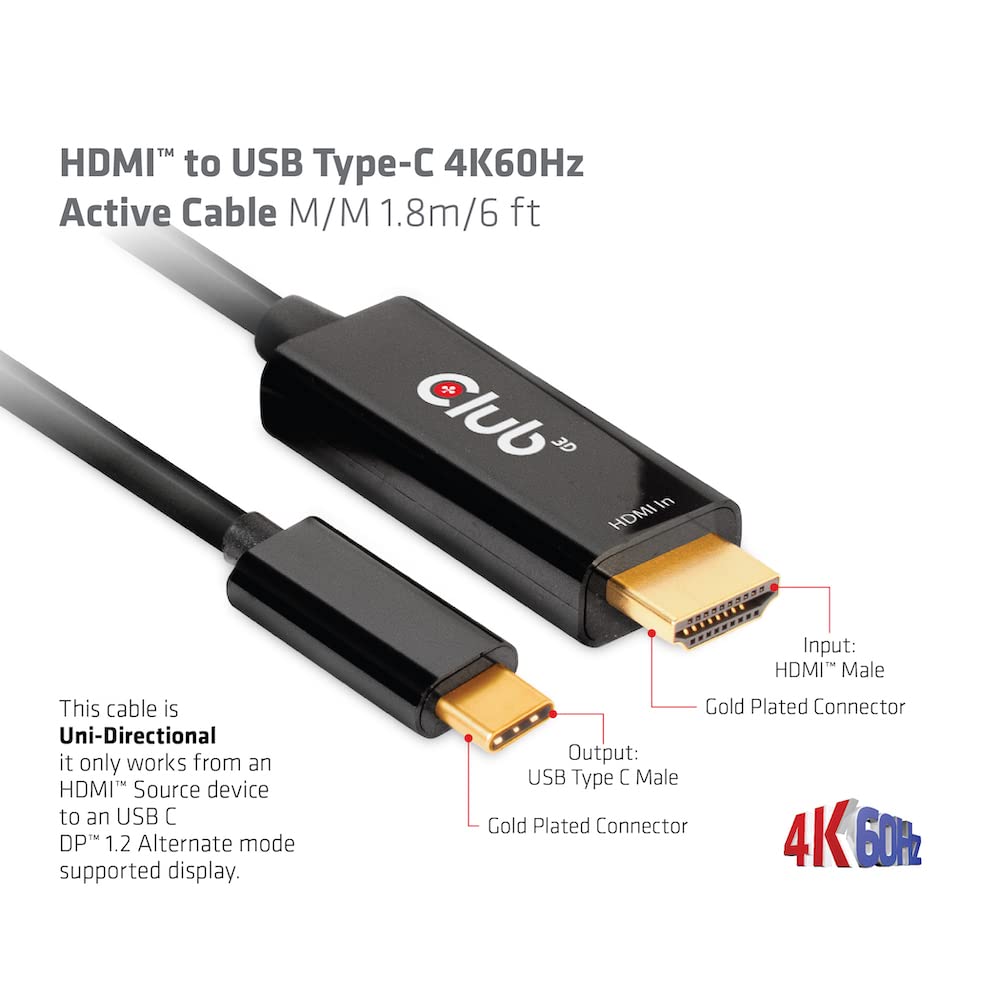 Club 3D HDMI to USB Type-C 4K60Hz Active Cable M/M 1.8m/6 ft - 6 ft HDMI/USB-C