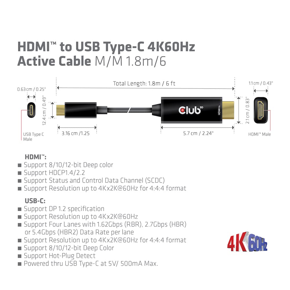 Club 3D HDMI to USB Type-C 4K60Hz Active Cable M/M 1.8m/6 ft - 6 ft HDMI/USB-C