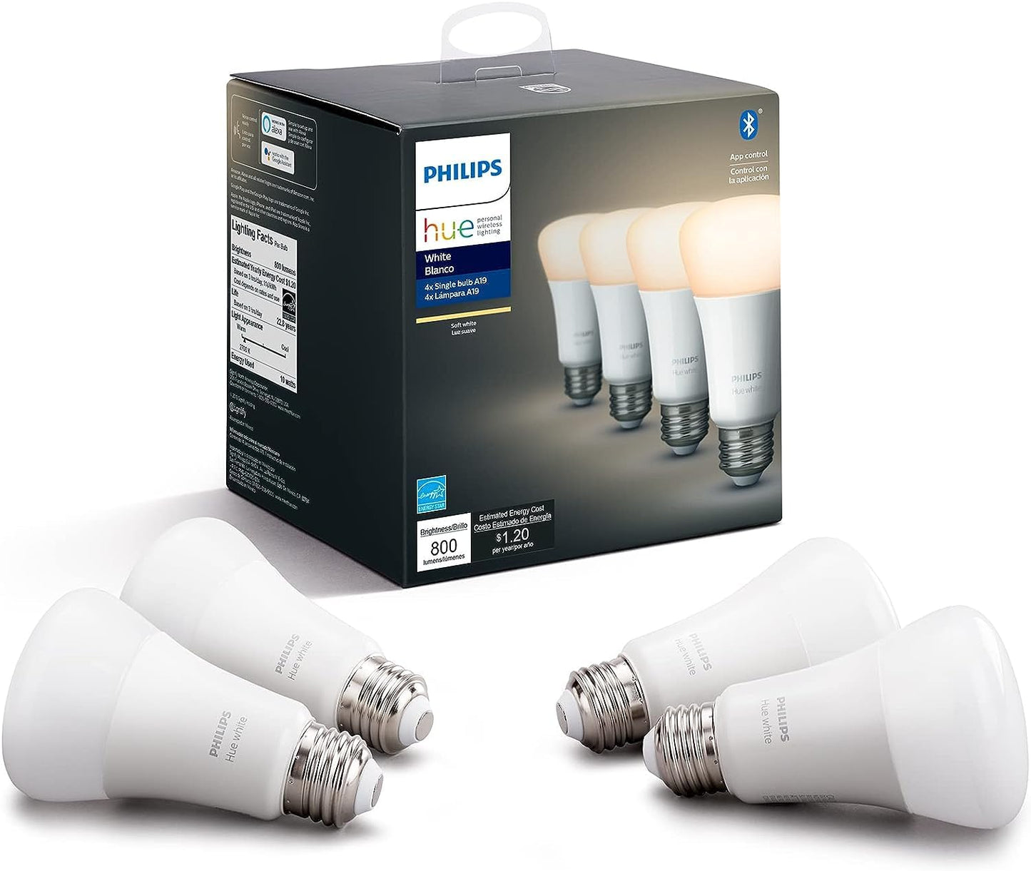 Philips Hue 476977 White A19 Bluetooth Smart LED Bulb (4-Pack) - White