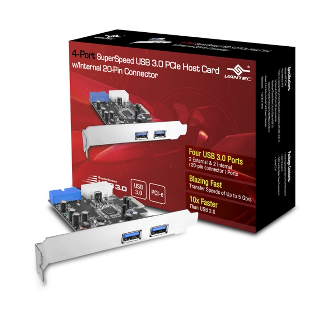 VANTEC 4-Port SuperSpeed USB 3.0 PCIe Host Card w/ Internal 20-Pin Connector