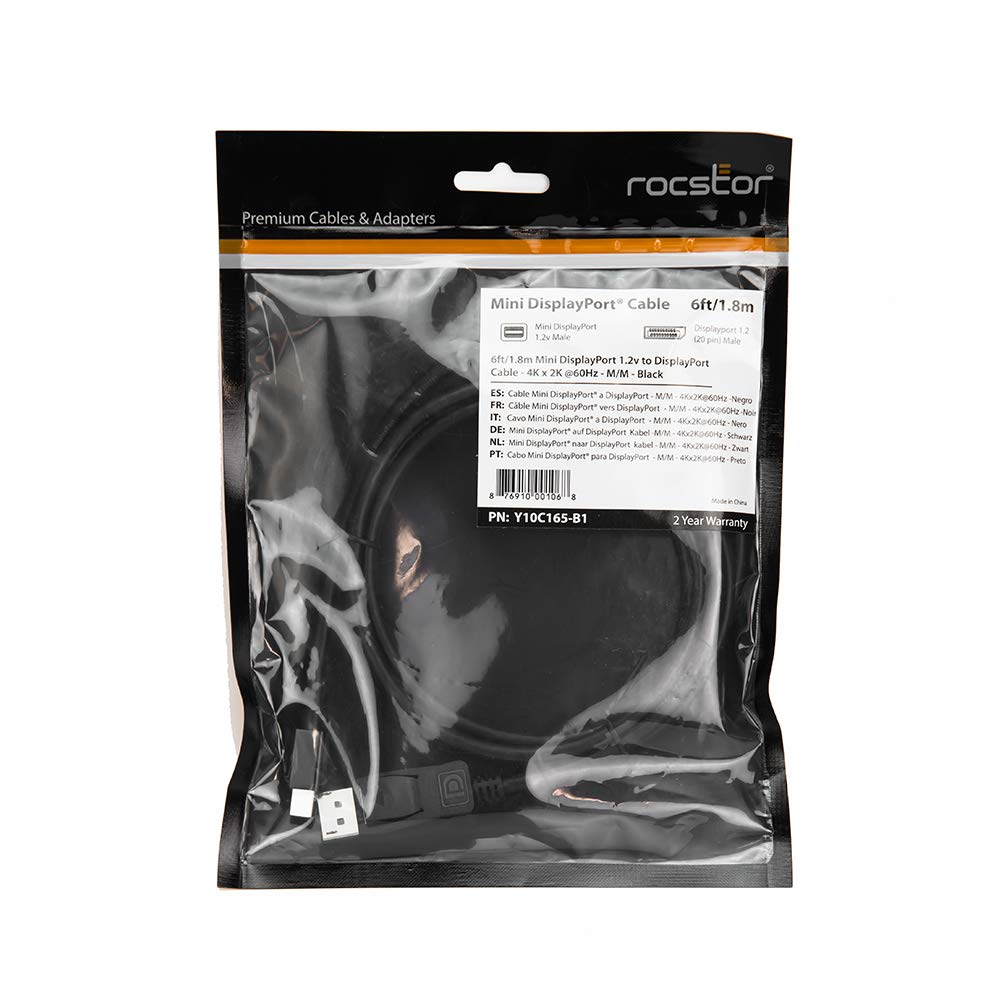 Rocstor Y10C165-B1 6Ft Mini DisplayPort Male to DisplayPort 1.2 Male Cable M/M -