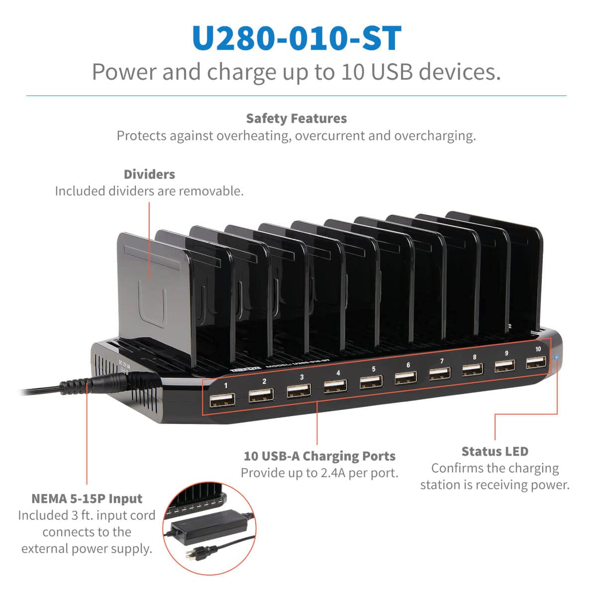 Tripp Lite U280-010-ST 10-Port USB Charging Station with Adjustable Storage, 12V