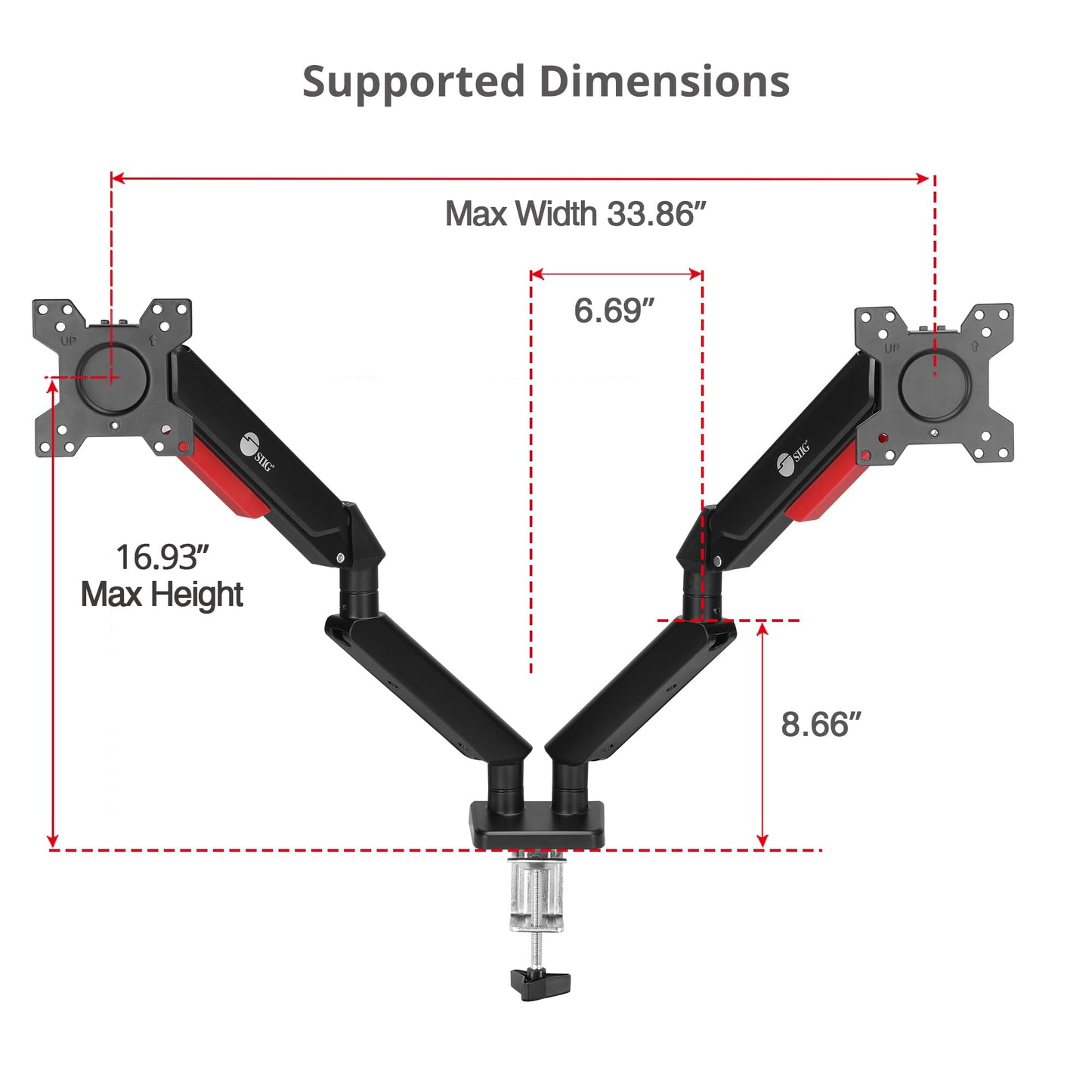 SIIG Dual Monitor Gas Spring Arm Desk Mount - 13" to 32" - Max Load 22 lbs -