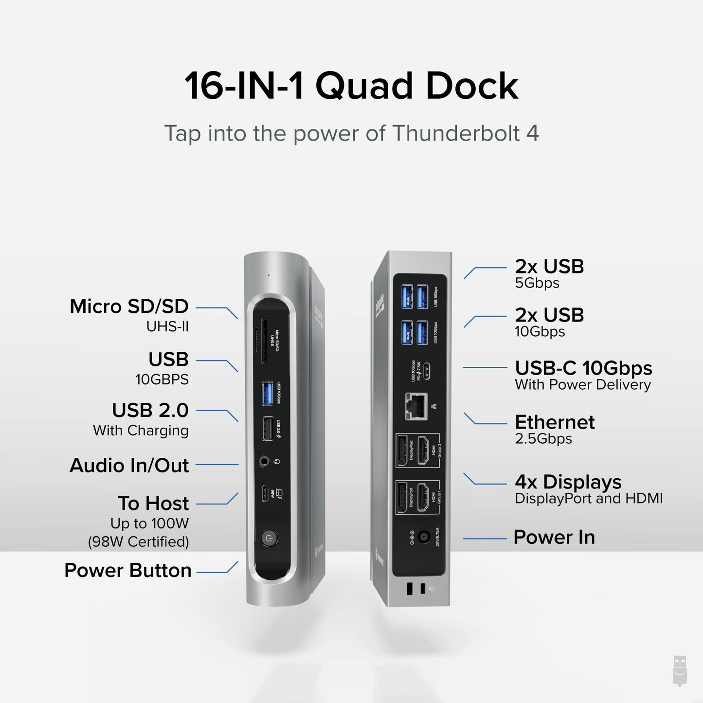 Plugable Thunderbolt 4 Dock with 100W PD, 4K Quad Monitor Setup for Thunderbolt