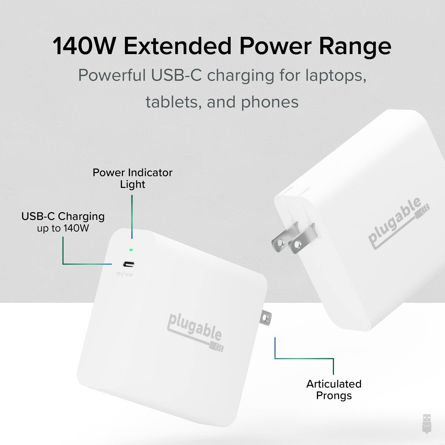 Plugable 140W USB C Charger, GaN Wall Charger for Laptop, PD 3.1 (EPR) Power