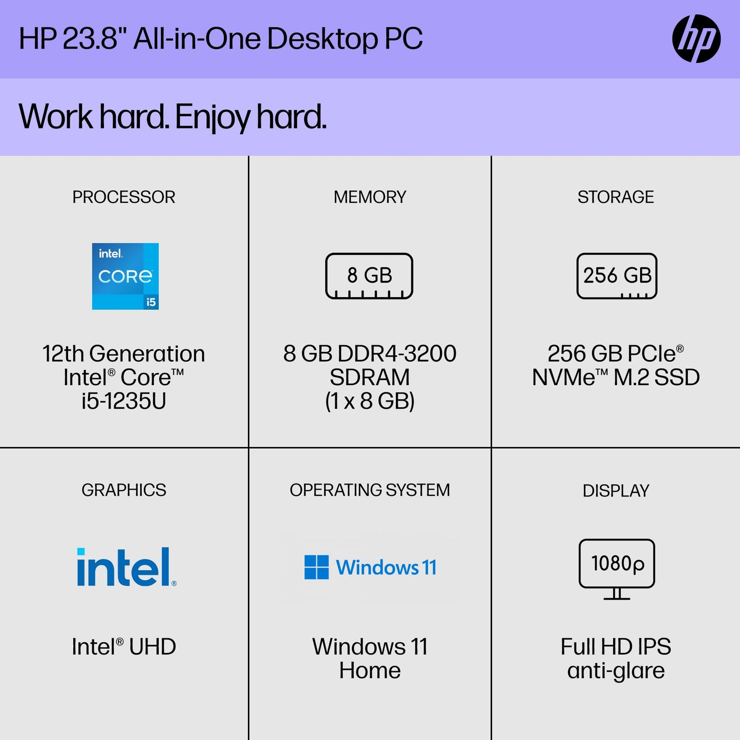 HP 24-cb1210 24" AIO Computer i5-1235U 8GB 256GB SSD W11H 9Y072AAABA