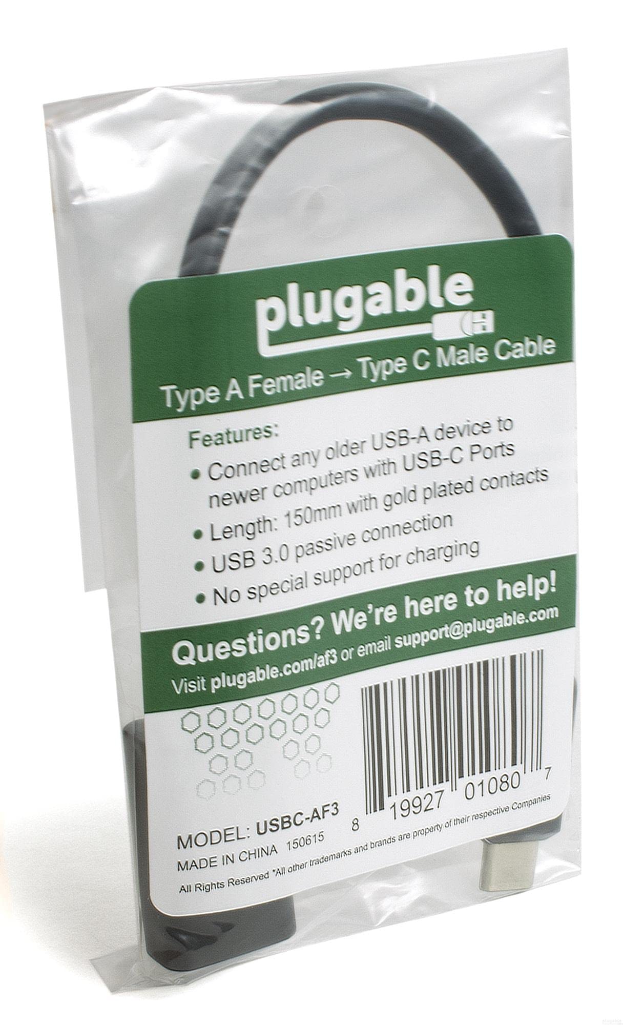 Plugable USB C to USB Adapter Cable with Driverless Technology, Enables