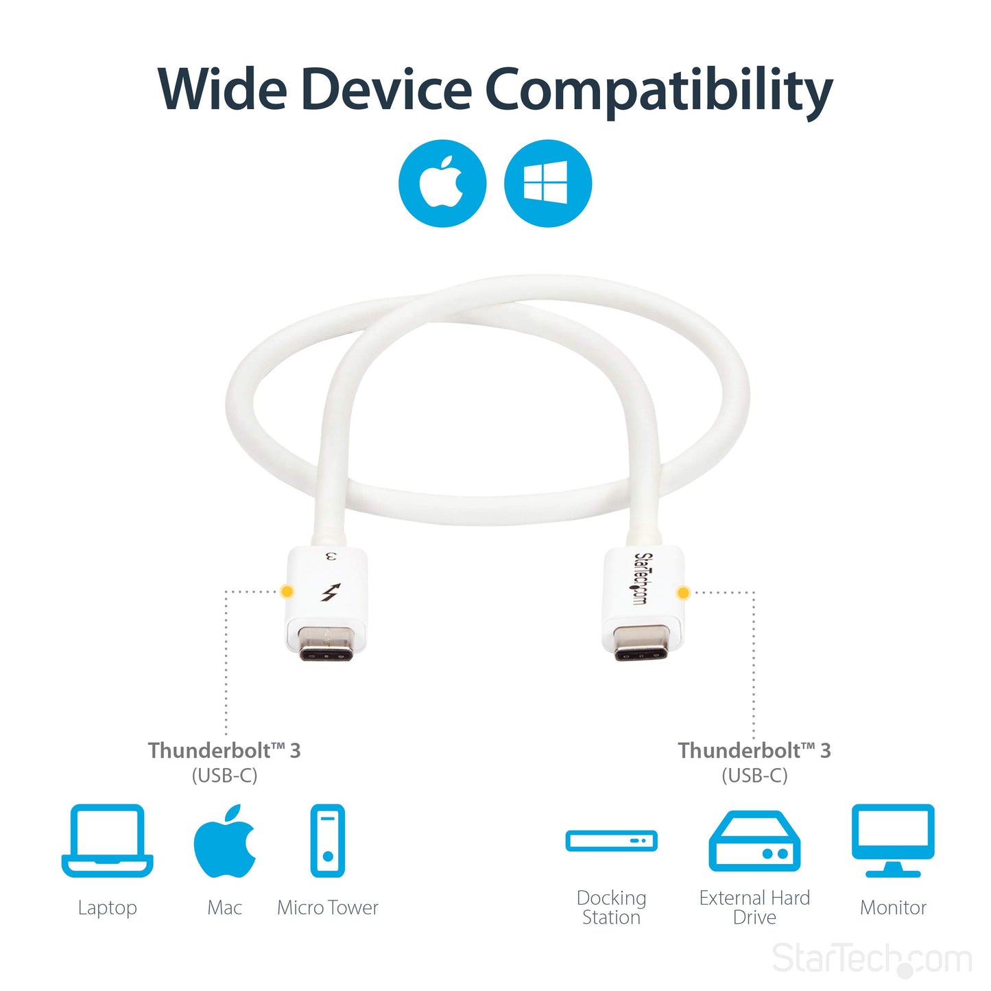 StarTech.com TBLT34MM50CW Thunderbolt 3 Cable – 1 ft /0.5m – White – 4K 60Hz –