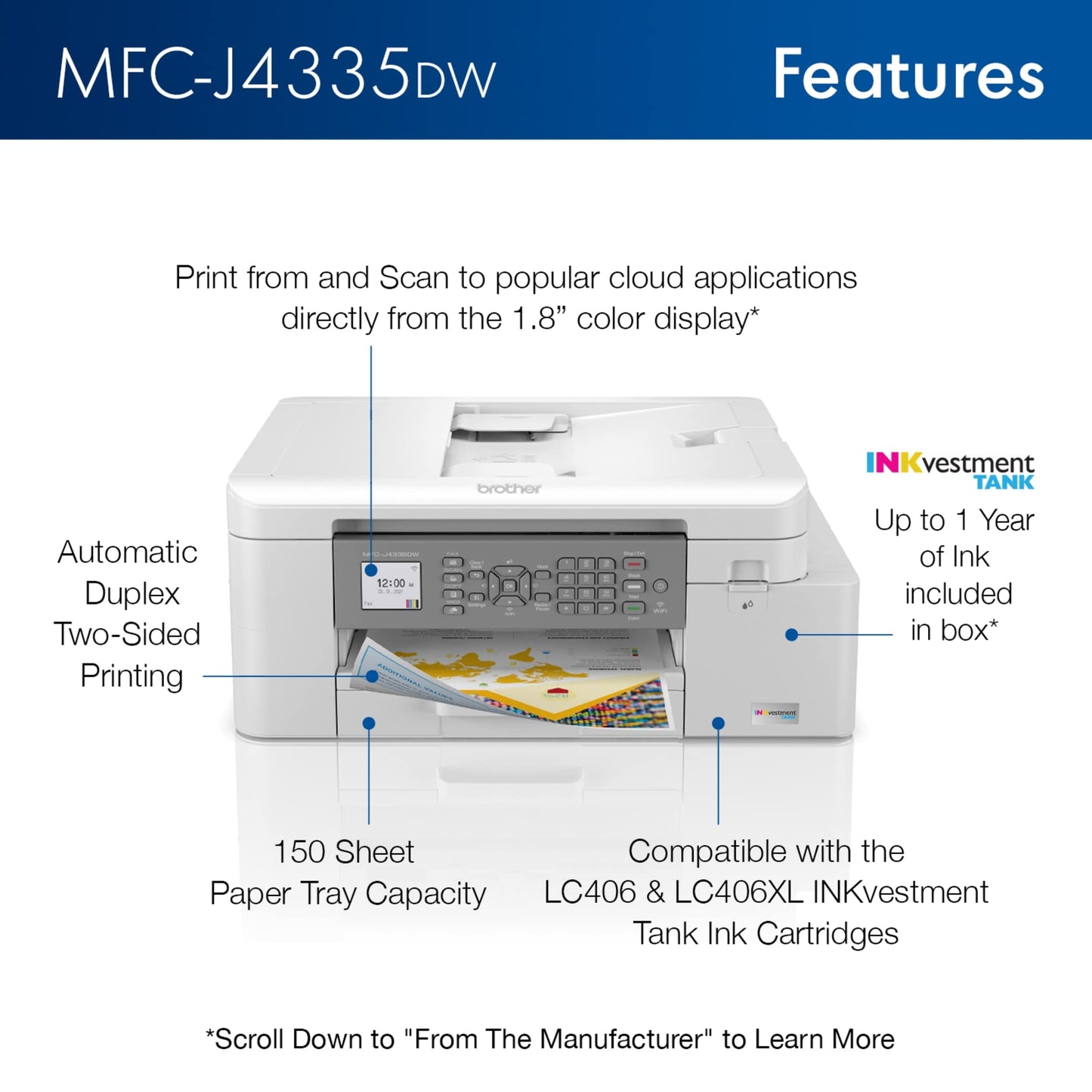 Brother MFCJ4335DW Up to 20 ppm Black Print Speed Wireless 802.11 b/g/n InkJet