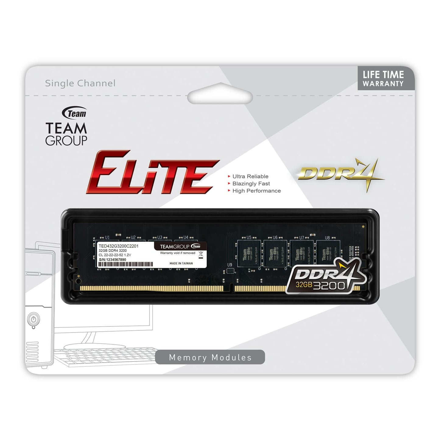 Team Elite 32GB DDR4 3200 (PC4 25600) Desktop Memory Model TED432G3200C2201