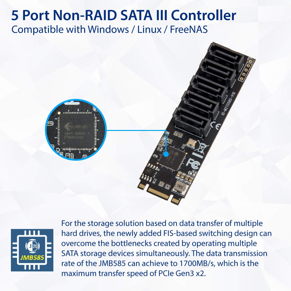 Syba 5 port Non-RAID SATA III 6Gbp/s to M.2 B+M Key Adapter PCI-e 3.0 x2