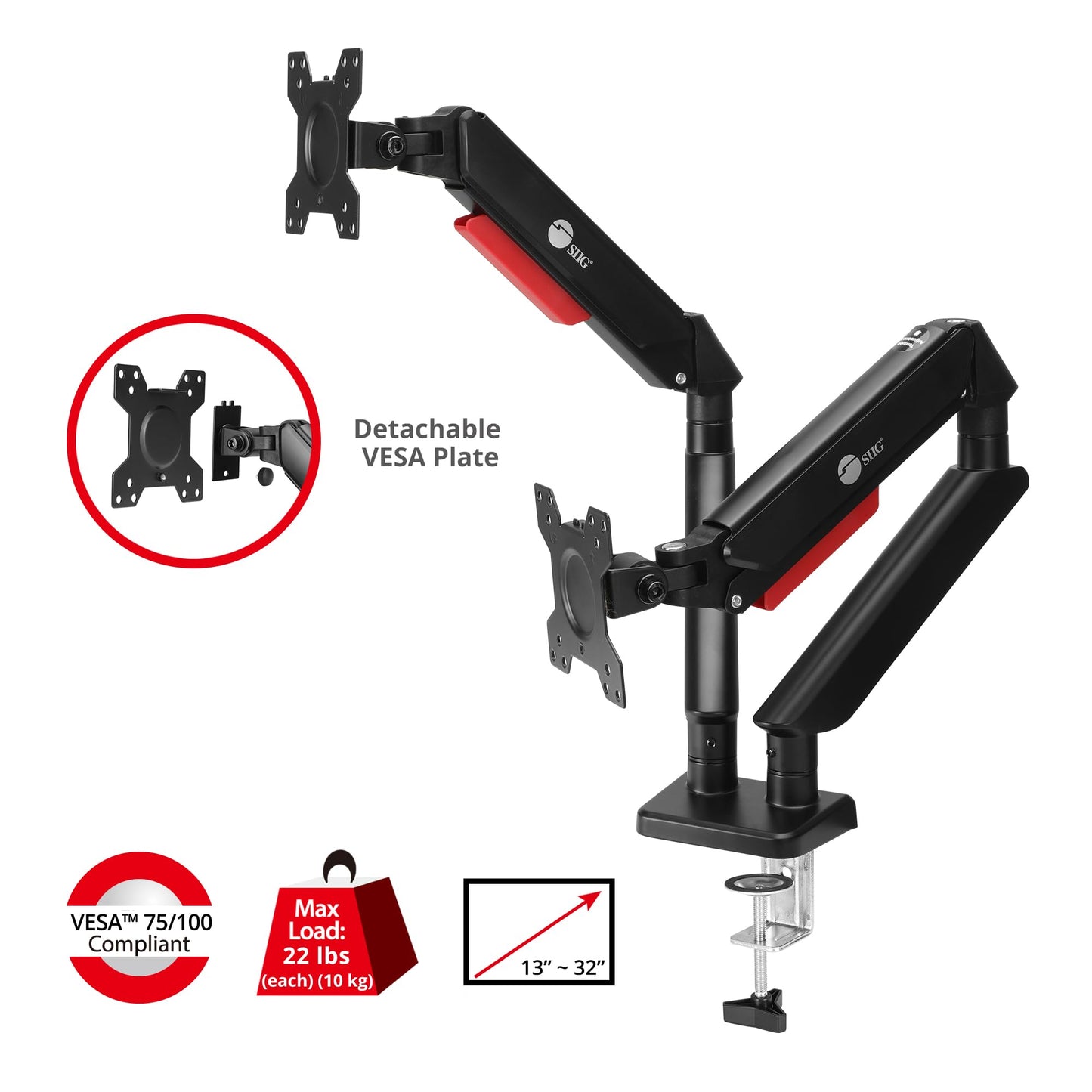 SIIG Dual Monitor Gas Spring Arm Desk Mount - 13" to 32" - Max Load 22 lbs -