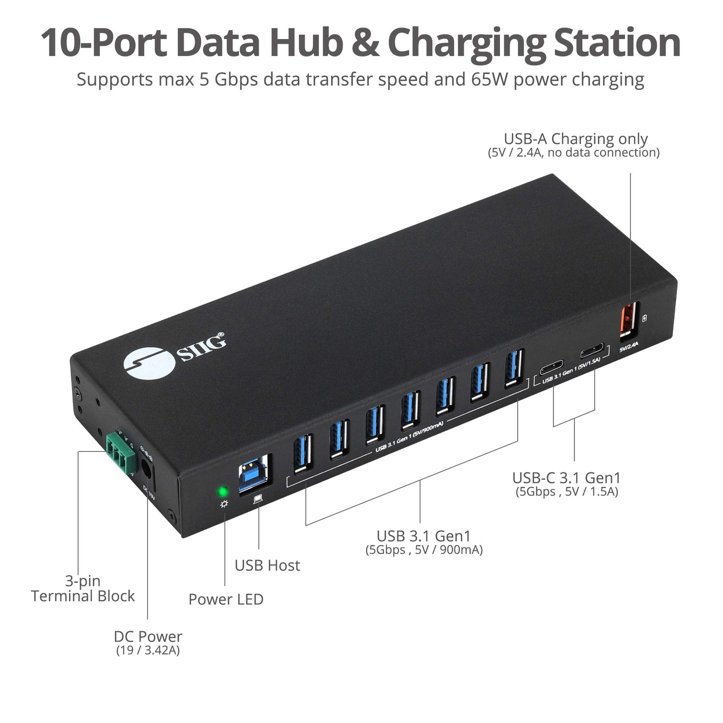 SIIG AC IDUS0811S1 10PT Industrial USB Gen 1 Hub w Dual USBC  65W Charging