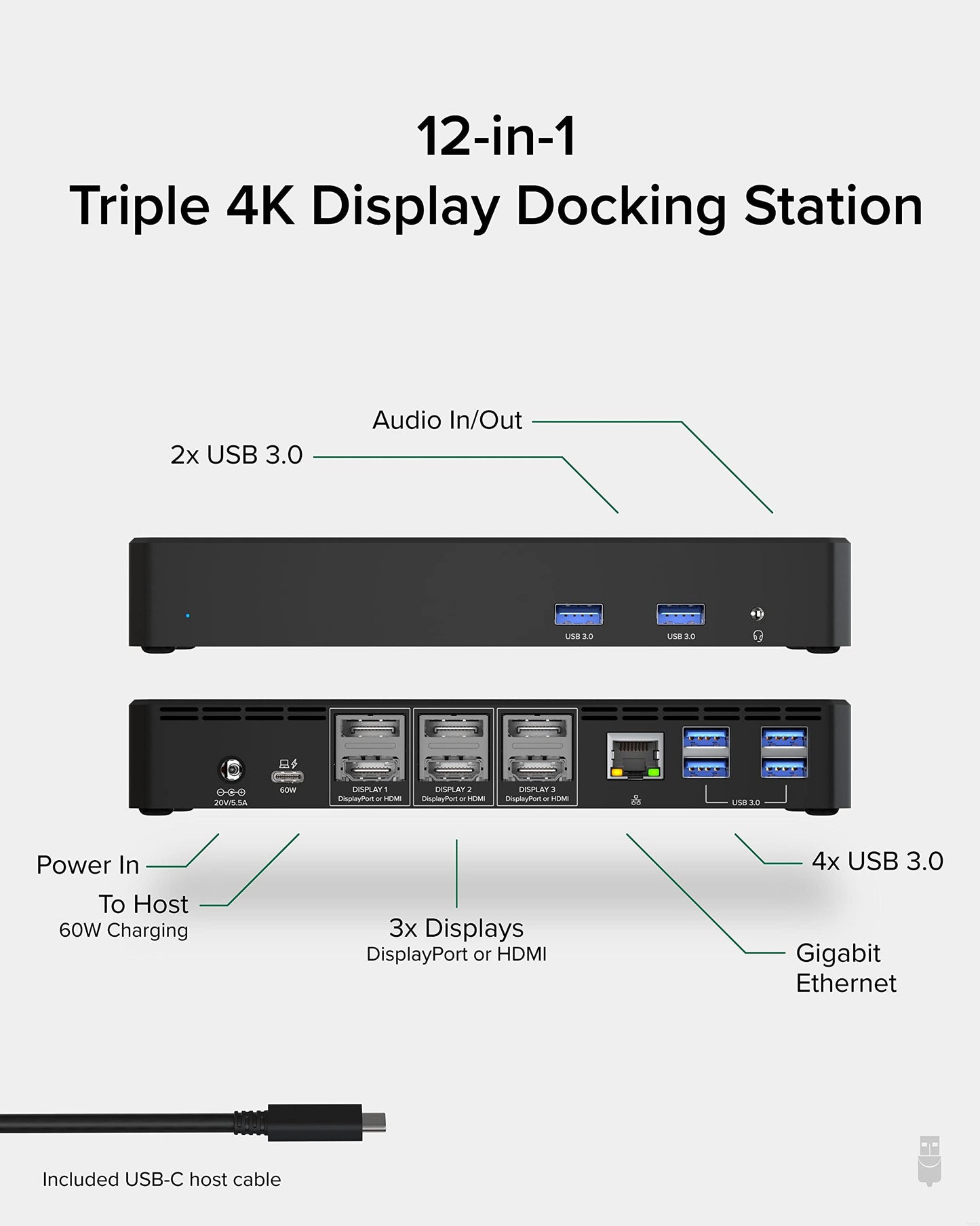 Plugable USB C Triple 4K Display Docking Station with 60W PD, 3x HDMI or 3x