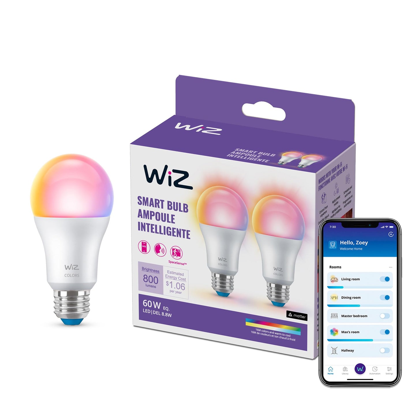 Wiz 603639 Color 8.8W A19 E26 WiFi 2-Pack Smart Bulb