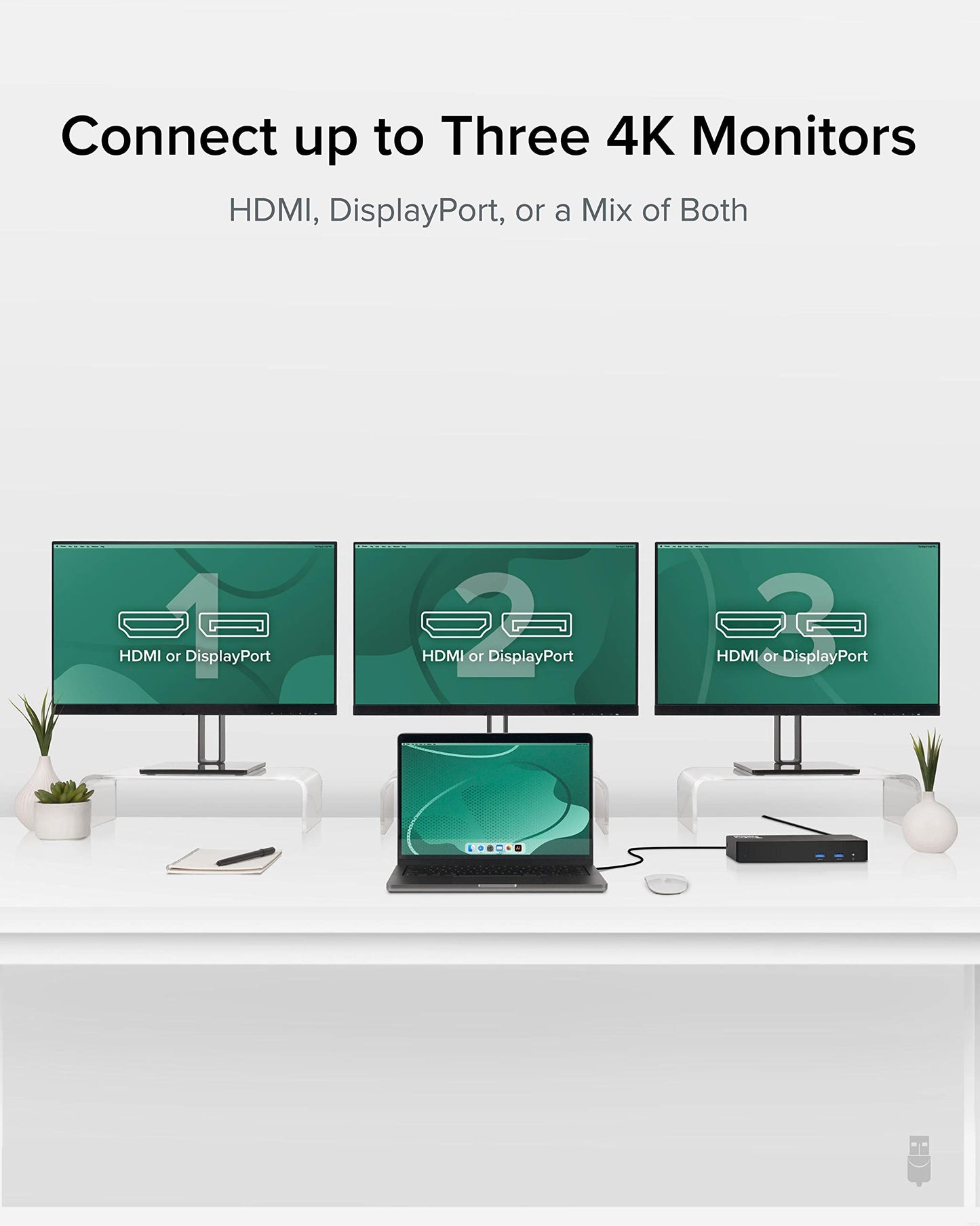 Plugable USB C Triple 4K Display Docking Station with 60W PD, 3x HDMI or 3x