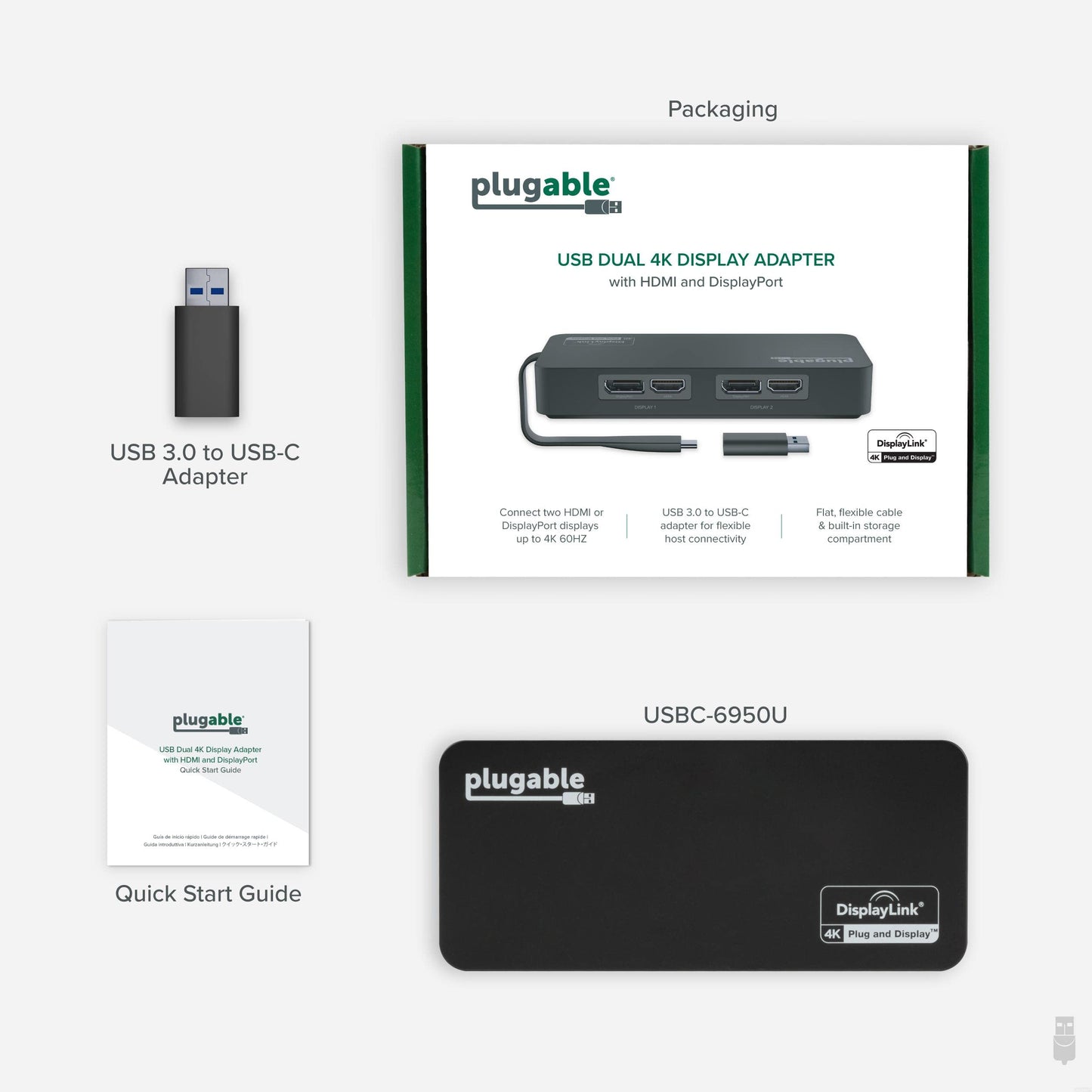 Plugable 4K DisplayPort and HDMI Dual Monitor Adapter for USB 3.0 and USB-C,