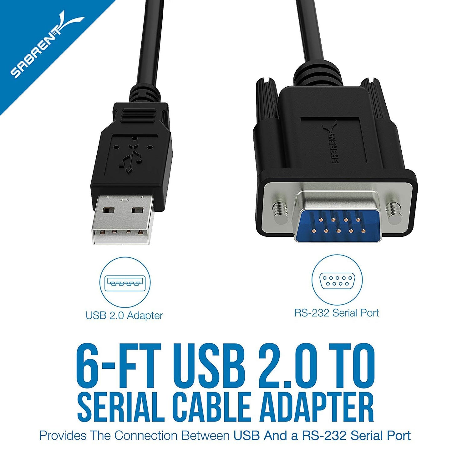 Sabrent USB 2.0 to Serial (9-Pin) DB-9 RS-232 Adapter Cable 6 ft. Cable with