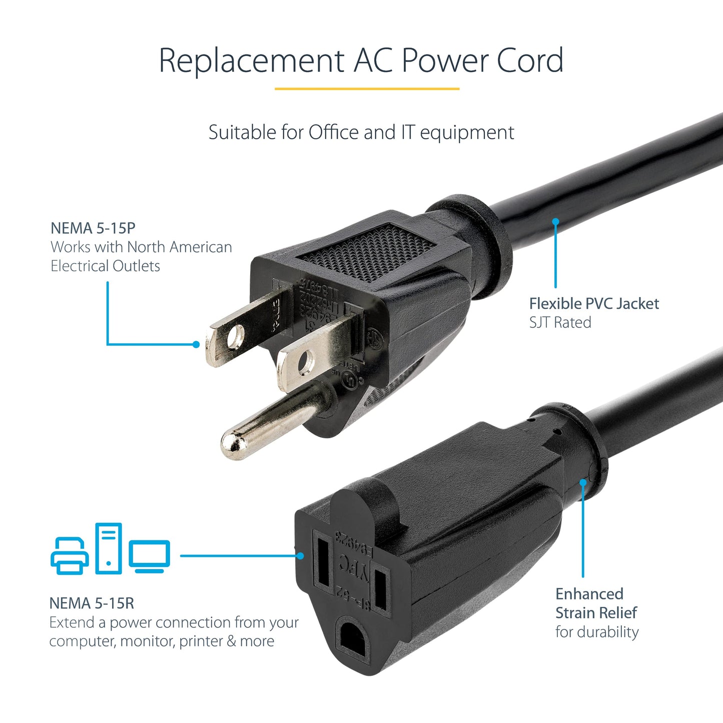 StarTech.com Model PAC1011410 10 ft. 14 AWG Extension Power Cord