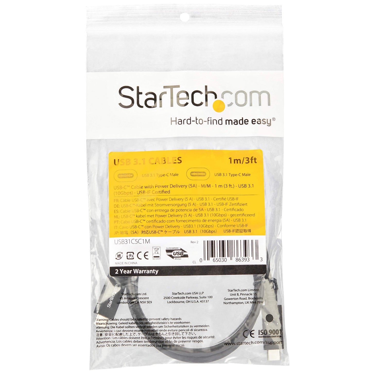 StarTech.com USB31C5C1M Black USB-C Cable with Power Delivery (5A) - USB 3.1 (10