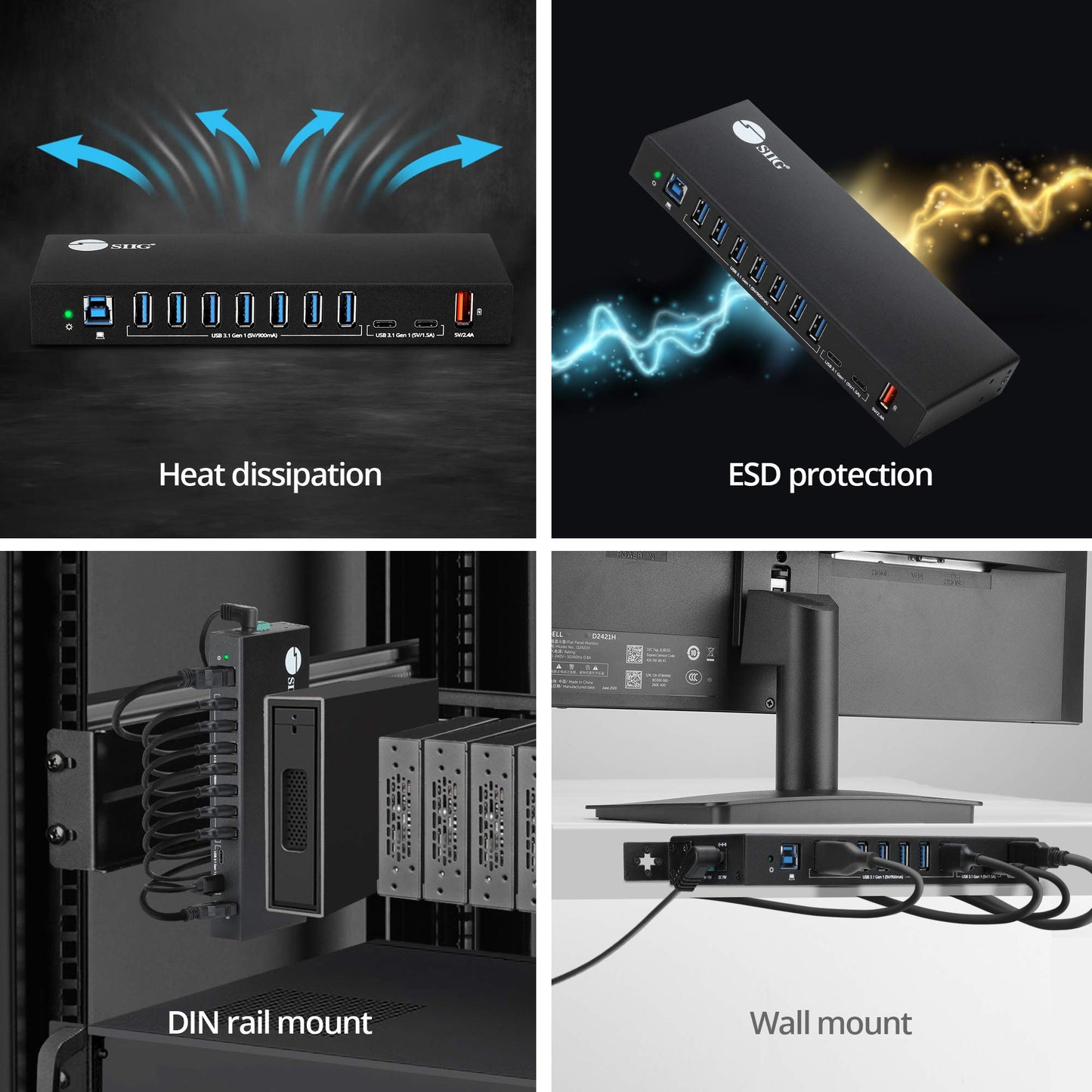 SIIG AC IDUS0811S1 10PT Industrial USB Gen 1 Hub w Dual USBC  65W Charging