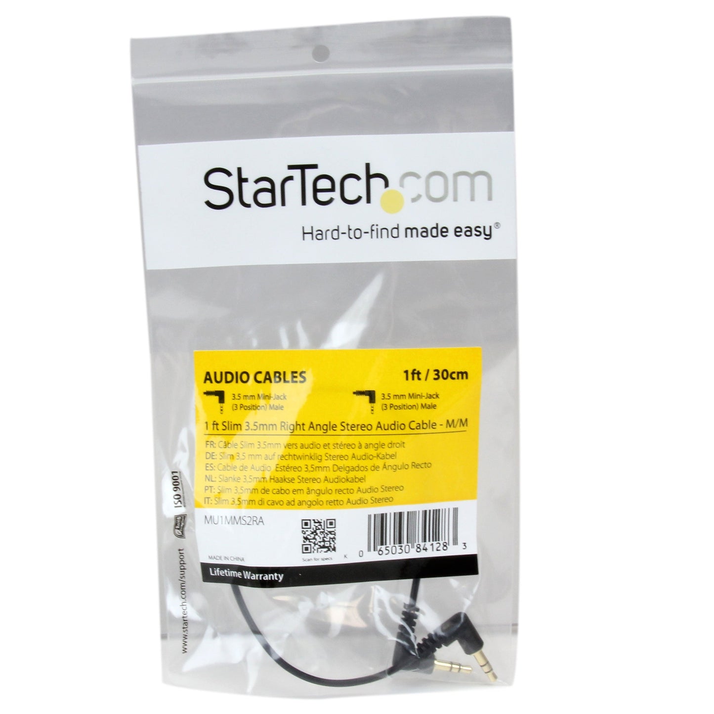 StarTech.com MU1MMS2RA Slim 3.5mm Right Angle Stereo Audio Cable - M/M Male to