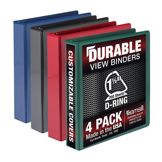 Samsill Durable View Ring Binders 3 D-Ring Assorted Color 4 Pack (MP46458)