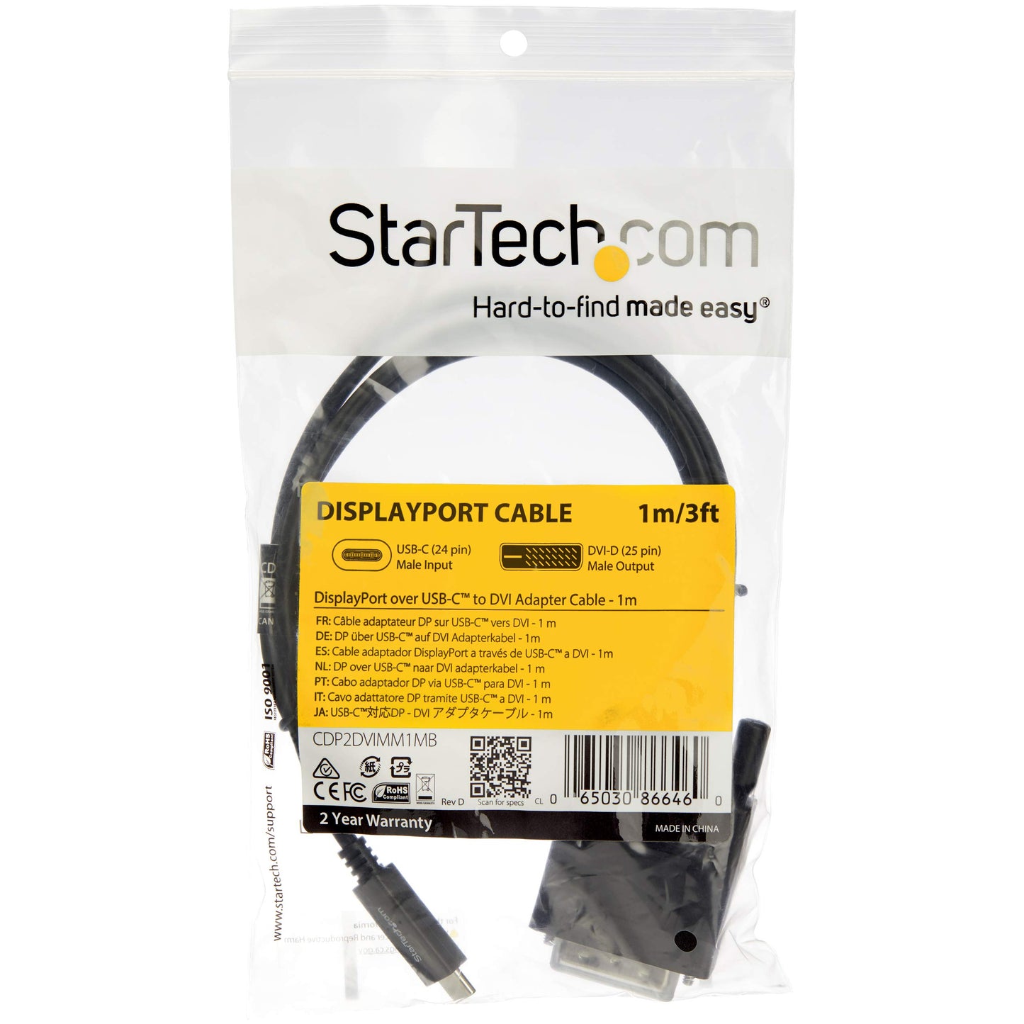 StarTech.com CDP2DVIMM1MB USB-C to DVI Adapter Cable - 1m (3 ft.) - 2560 x 1600