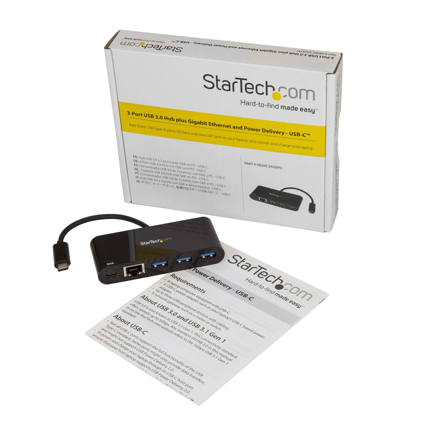 StarTech.com HB30C3AGEPD 3-Port USB-C Hub with Gigabit Ethernet and Power