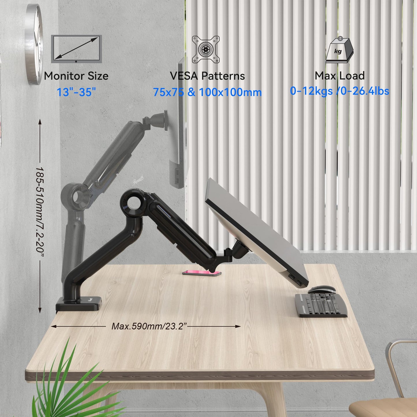 Rosewill Premium Single Monitor Mount, 13 to 35 Inch, 0 to 26.5lbs, Ultrawide