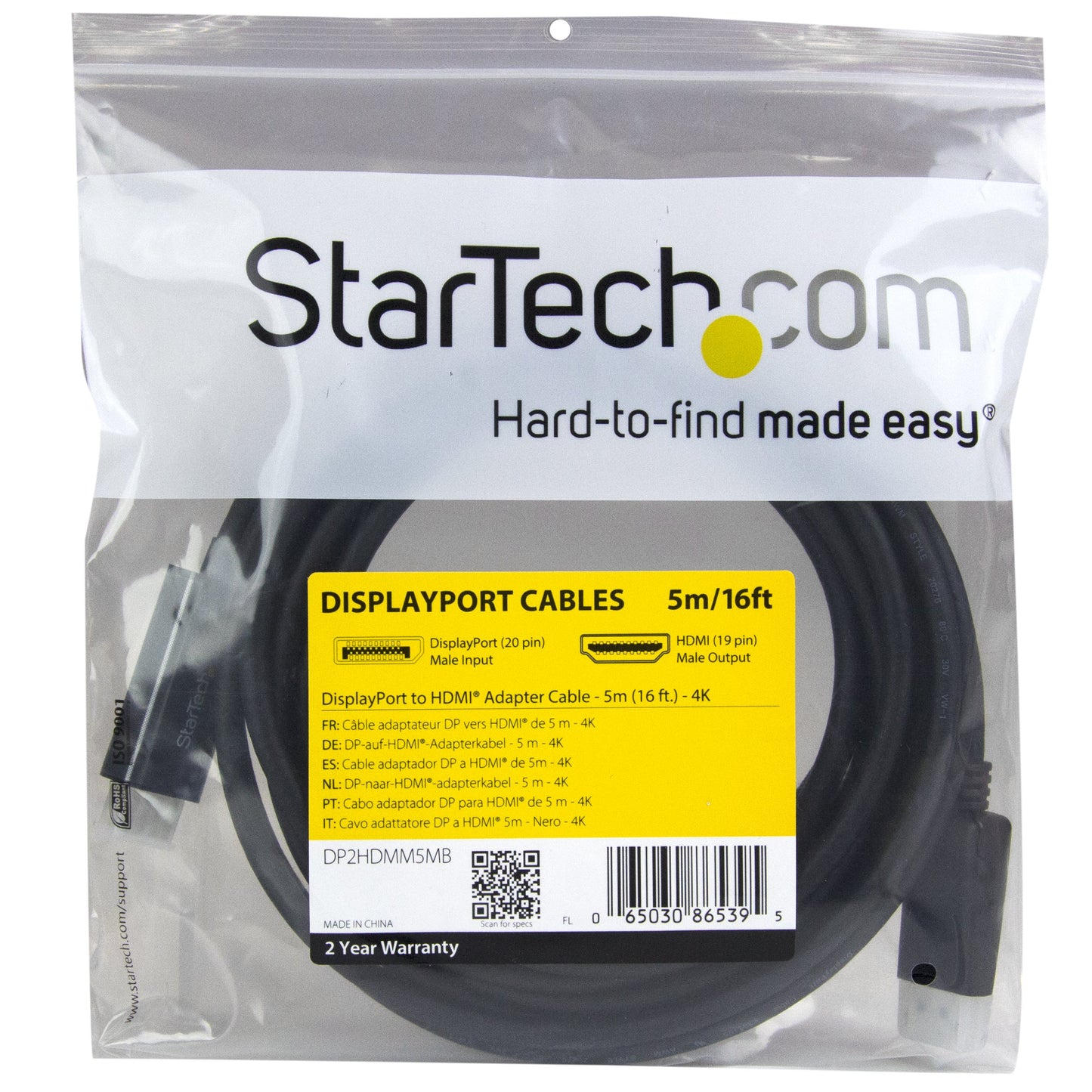 StarTech.com DP2HDMM5MB 16 ft. Black 1 x DisplayPort male to 1 x HDMI 19pin male